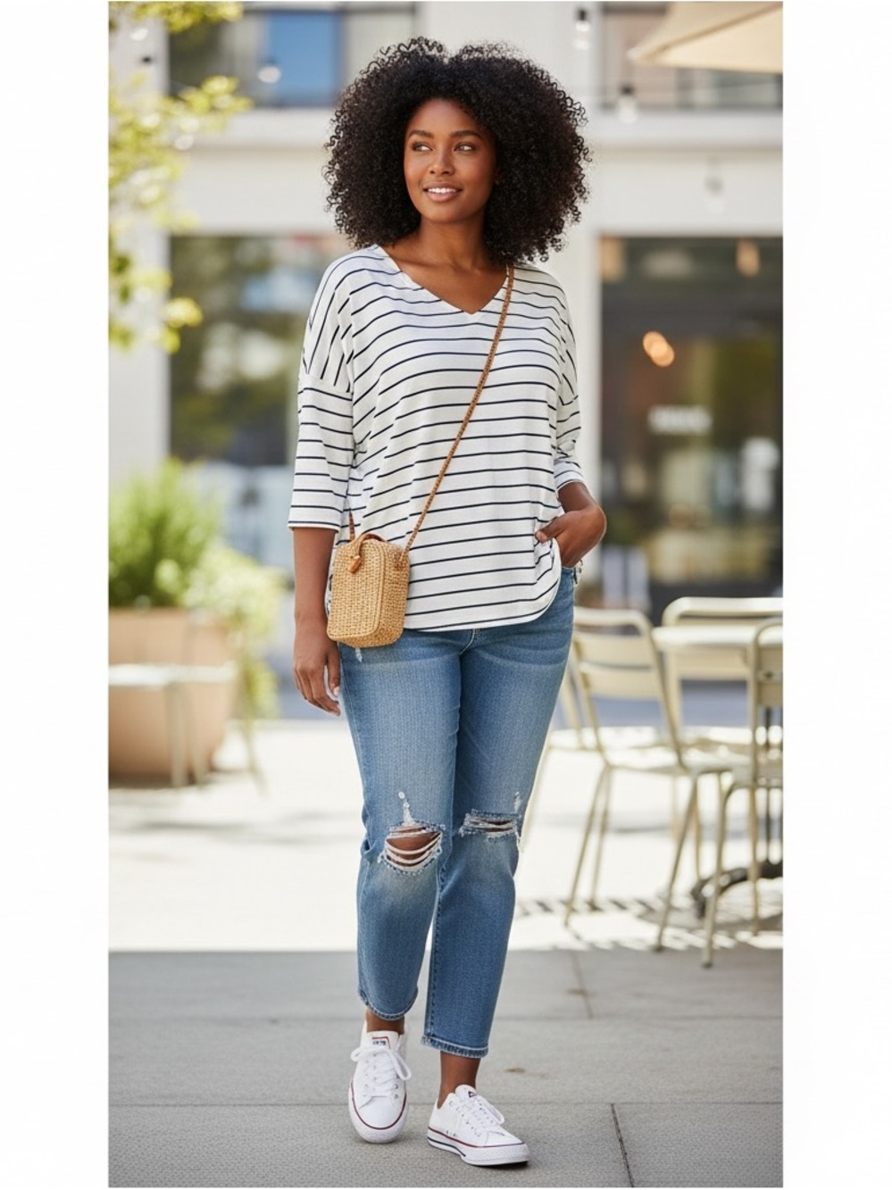Chico's Touch of Cool Striped V-Neck Relaxed Fit Top